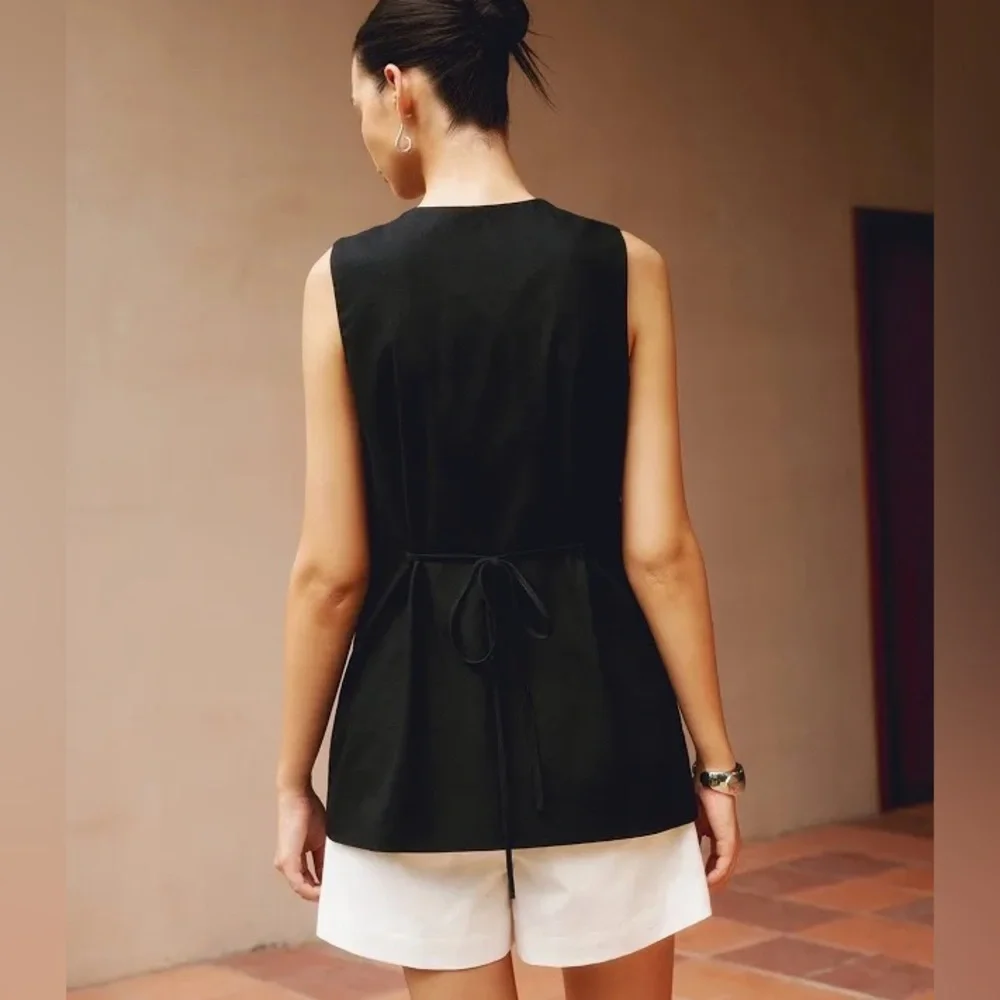 Black Cotton & Linen Crew Neck Sleeveless Button Up Front Longline Vest - Picture 5 of 14